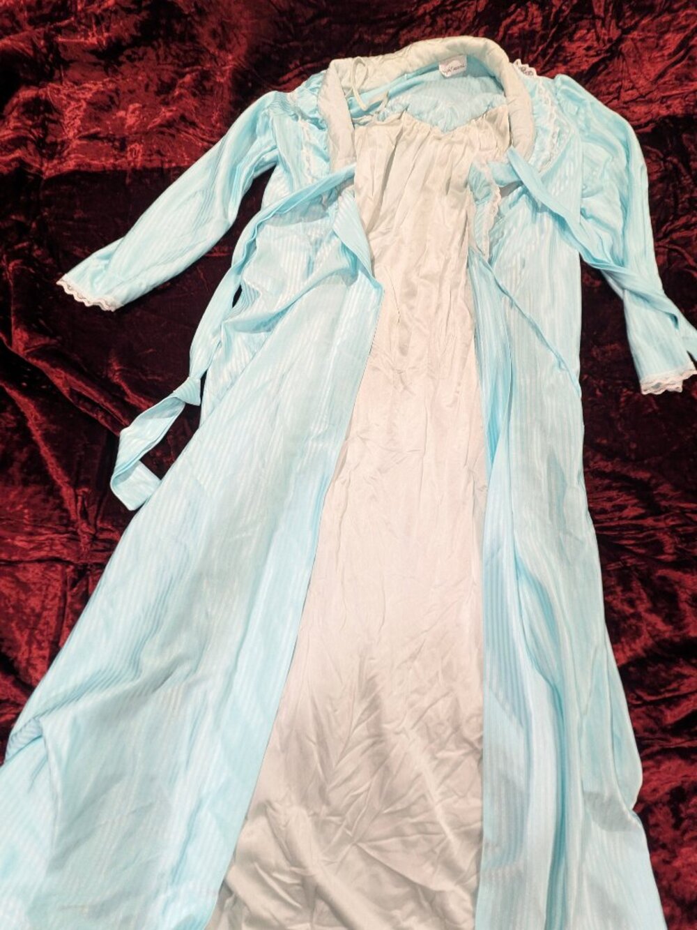 Vintage Night Moves Aqua Blue Peignoir Robe & Nightgown Set Lace Romantic